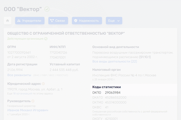 Код ОКПО организации в сервисе Rusprofile