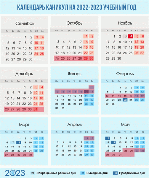Календарь каникул на 2022-2023 учебный год по четвертям, семестрам